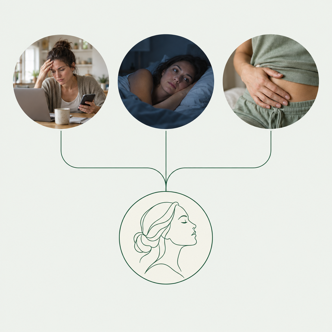 Three everyday moments connected to an illustration of a woman's profile
