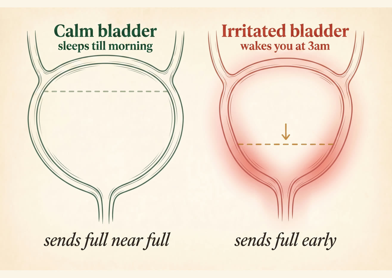 A calm bladder that signals near full, beside an irritated bladder that signals early at a much lower level