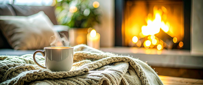 Steaming mug on a cozy blanket in front of a fireplace