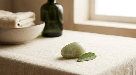 A smooth pale stone beside a small green leaf on cream linen