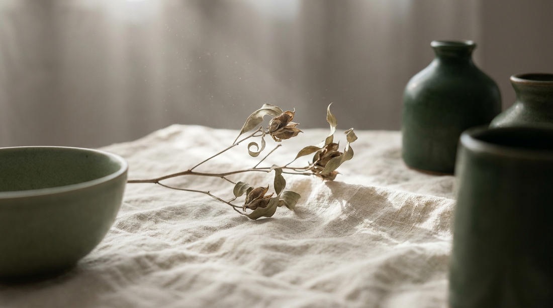 Soft morning light across cream linen with a single dried botanical stem