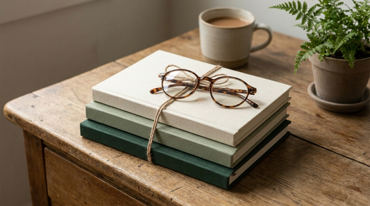 A stack of closed journals with reading glasses on a warm desk