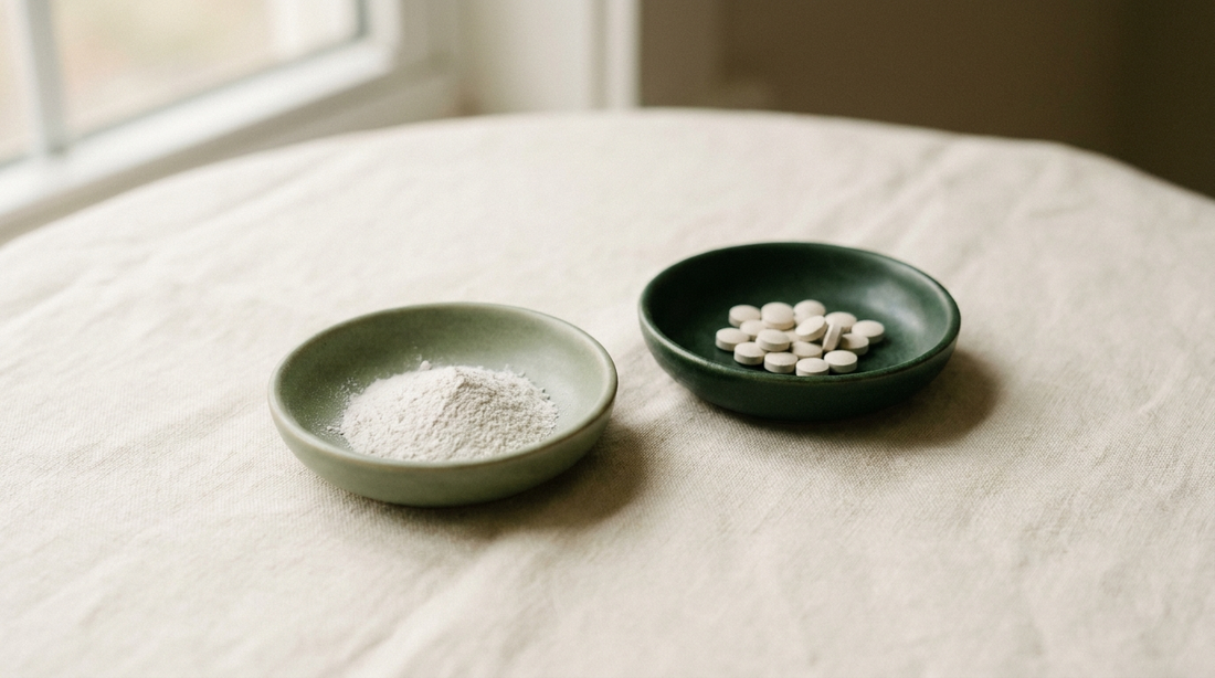Two small dishes of white mineral powder and pale tablets on cream linen