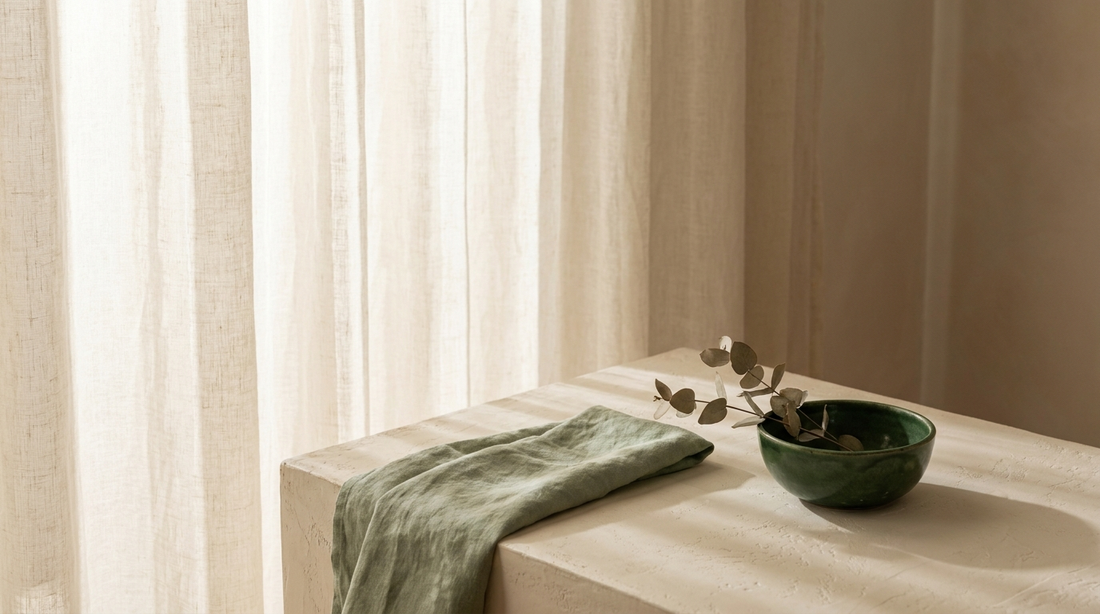 Gentle morning light through sheer linen curtains onto a calm surface