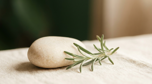 A smooth pale stone and a sprig of rosemary on cream linen