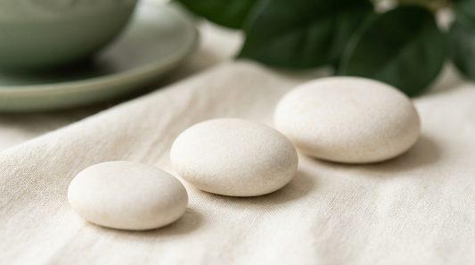 Three smooth stones of increasing size in a row on cream linen