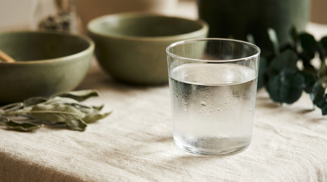 A clear glass of still water with condensation on cream linen