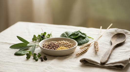 Whole grains and fresh leafy greens on a cream linen surface