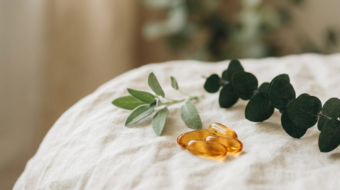 Amber omega-3 softgel capsules beside a sprig of greenery on cream linen