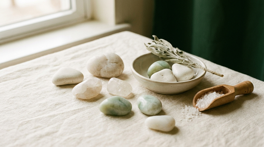 An arrangement of assorted smooth pale mineral stones on cream linen