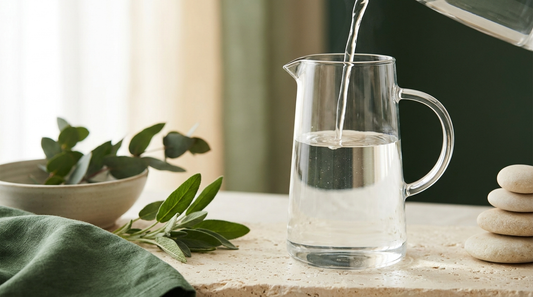 Clear water pouring into a glass pitcher on a cream surface
