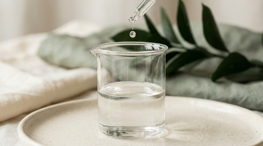 A glass beaker of water with a droplet falling from a dropper