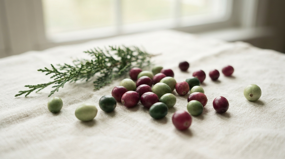 Fresh cranberries scattered on cream linen with a sprig of green