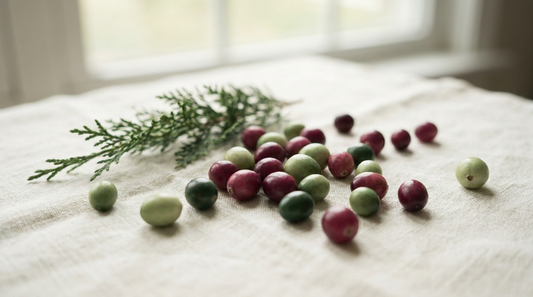 Fresh cranberries scattered on cream linen with a sprig of green