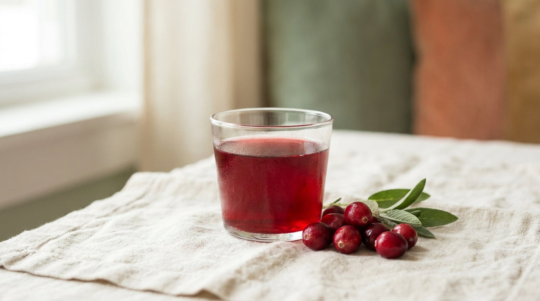 A small glass of cranberry juice beside fresh cranberries on cream linen