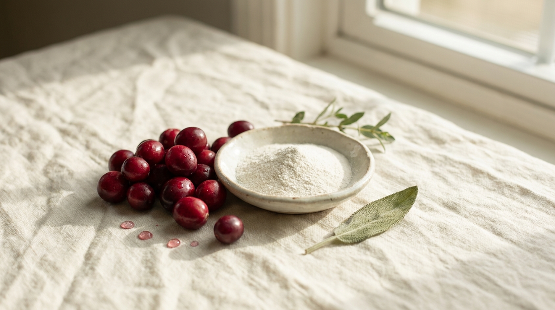 Fresh cranberries beside a dish of fine white powder on cream linen
