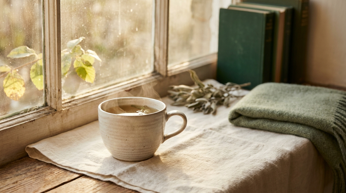 A warm cup of herbal tea on a sunlit windowsill