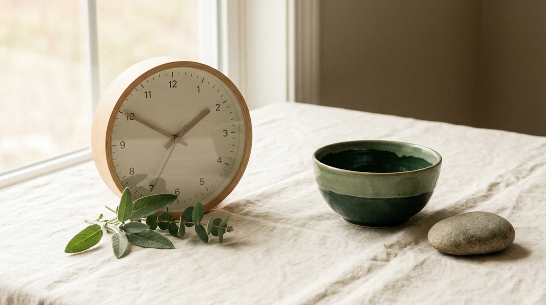 A softly lit round clock beside a sprig of greenery on cream linen