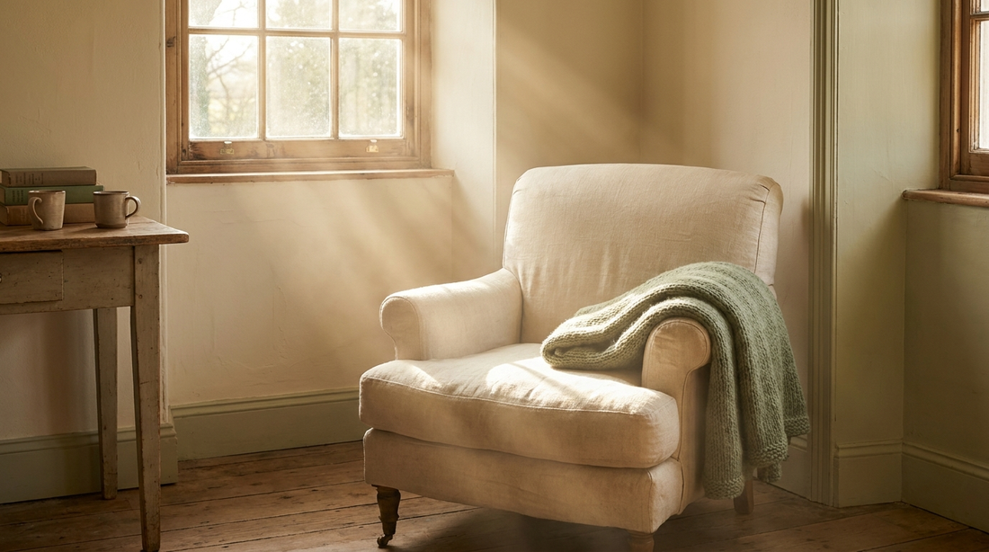 Sunlight through a window onto a comfortable empty armchair with a throw