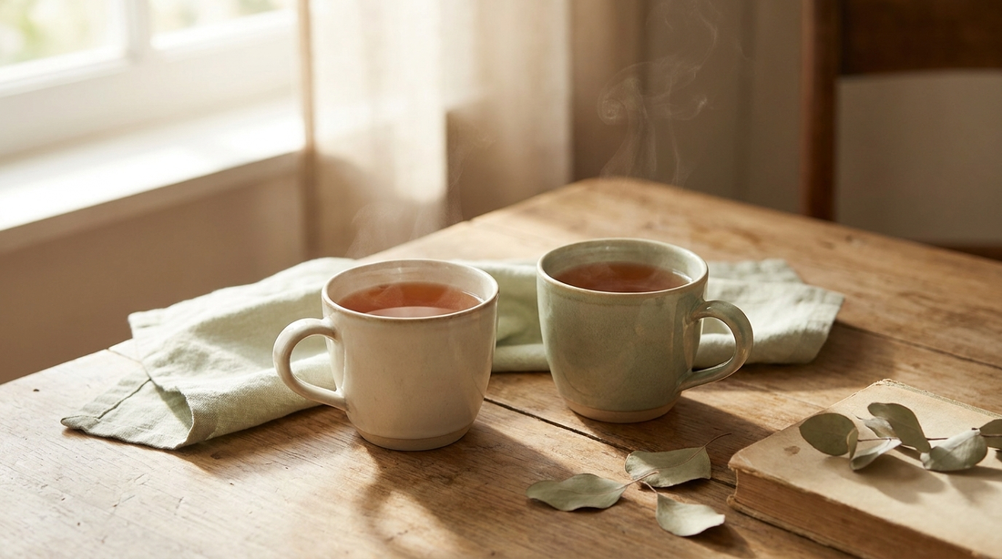 Two warm cups of tea side by side on a wooden table in soft light