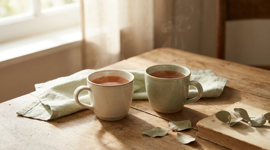 Two warm cups of tea side by side on a wooden table in soft light