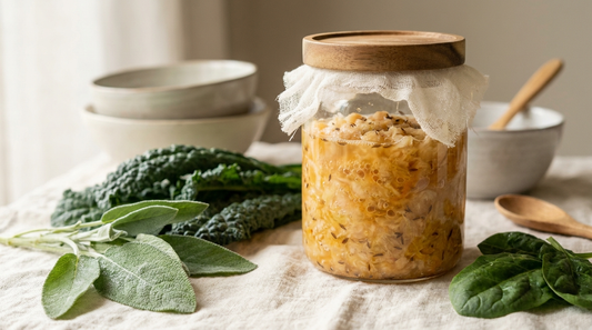 A glass jar of fermented vegetables beside fresh greens on cream linen