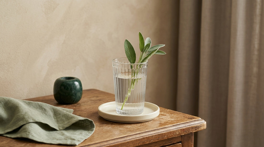A single glass of water on a calm bedside table in soft morning light