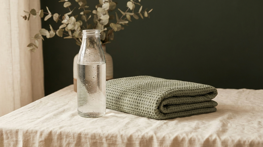 A clear glass water bottle and a folded towel on cream linen, evoking hydration after exercise.