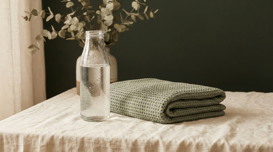A clear glass water bottle and a folded towel on cream linen, evoking hydration after exercise.