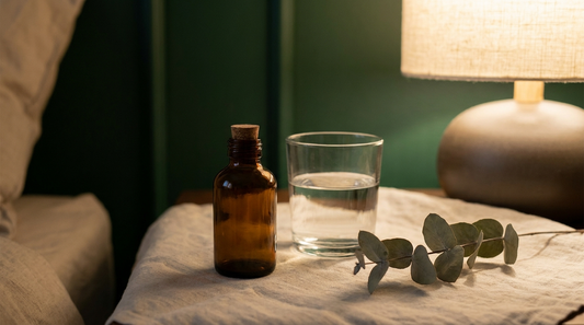 A small amber supplement bottle and a glass of water on cream linen in warm bedside lamplight, calm nighttime mood.