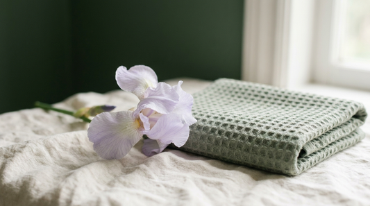 A single pale iris flower beside a folded sage-green towel on cream linen, soft natural light, clean and calm.