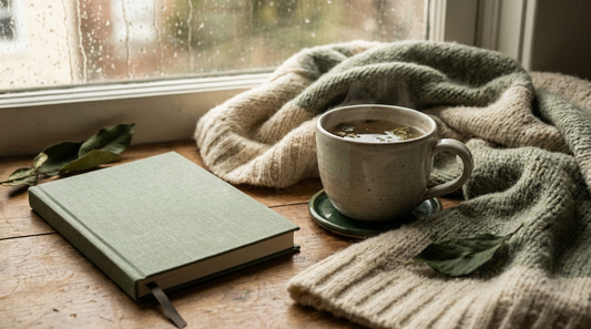 A steaming mug of herbal tea on a folded knit throw blanket in soft morning light, restful and cozy.