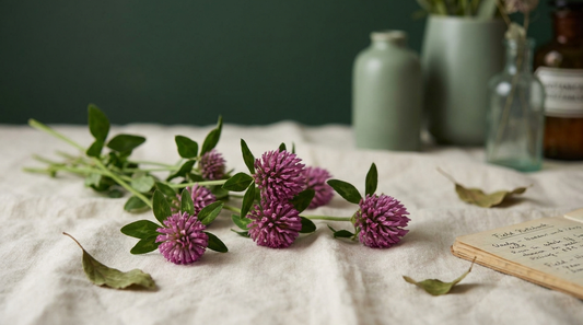 Sprigs of pink-purple red clover blossoms on cream linen with sage-green tones, soft natural light, botanical still-life.