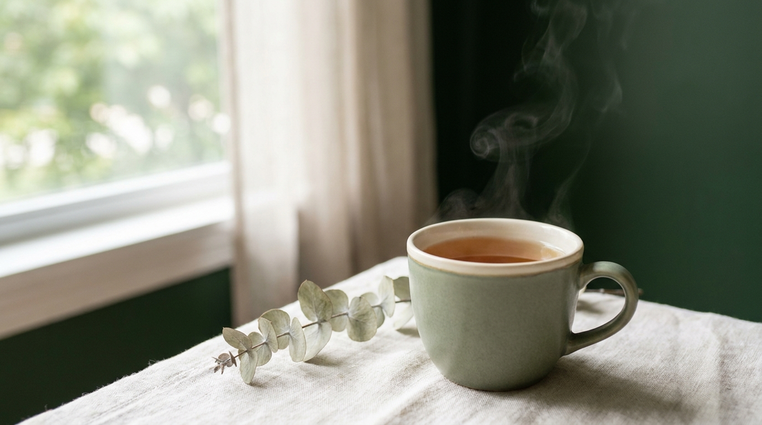 A cup of herbal tea with soft steam by a hazy morning window on cream linen, calm mood.
