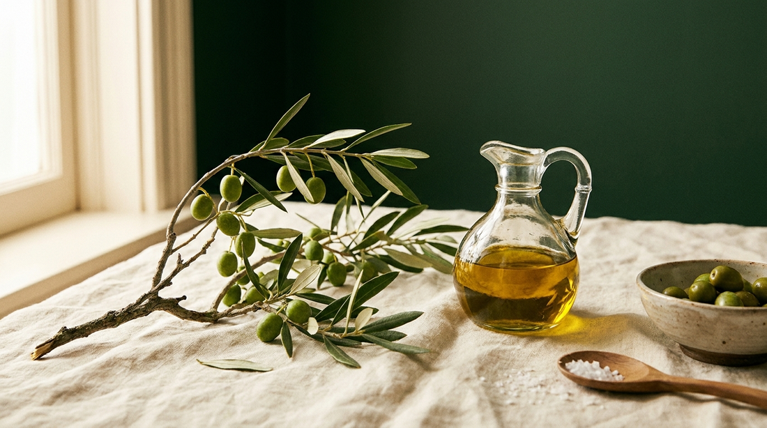 An olive branch with green olives and a cruet of olive oil on cream linen, Mediterranean still-life.