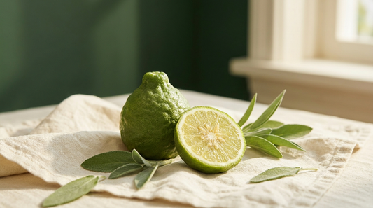 A whole and halved bergamot citrus with leaves on cream linen, fresh citrus still-life.