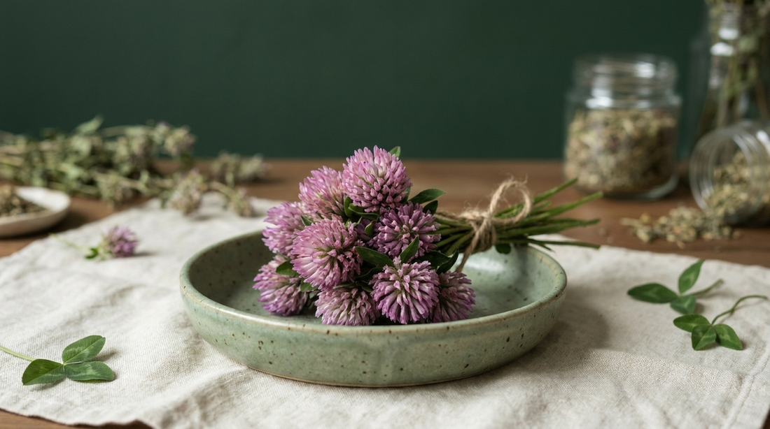A small bundle of red clover blossoms in a ceramic dish on cream linen, herbal still-life.