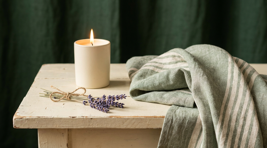 A lit candle and folded linen with lavender on cream, warm light, calm restorative mood.