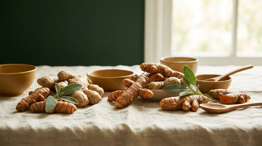 Fresh turmeric and ginger root on cream linen in warm light, anti-inflammatory wellness mood.