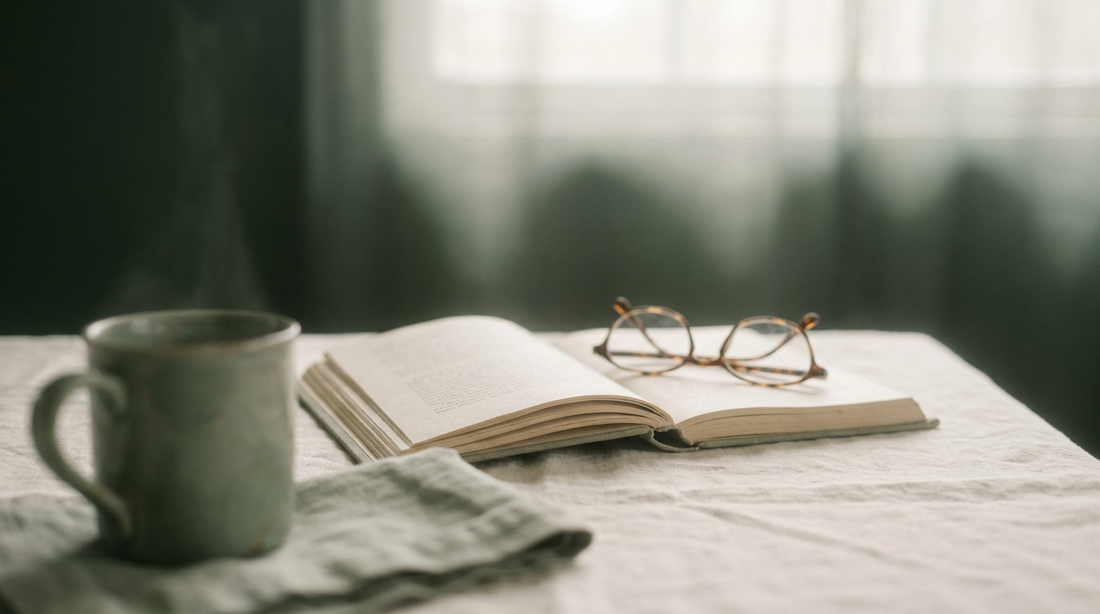 A softly defocused open book and reading glasses on cream linen in hazy light, foggy calm mood.