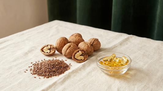 Walnuts, flaxseeds, and a glass dish of golden omega-3 capsules on cream linen, warm light.