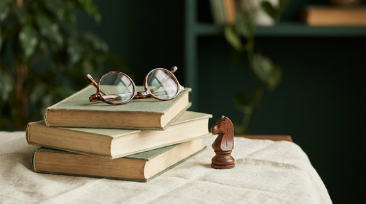 A stack of books with reading glasses and a chess piece on cream linen, warm light, engaged mood.