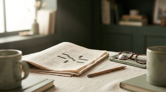 A newspaper crossword with a pencil and reading glasses on cream linen, soft morning light.