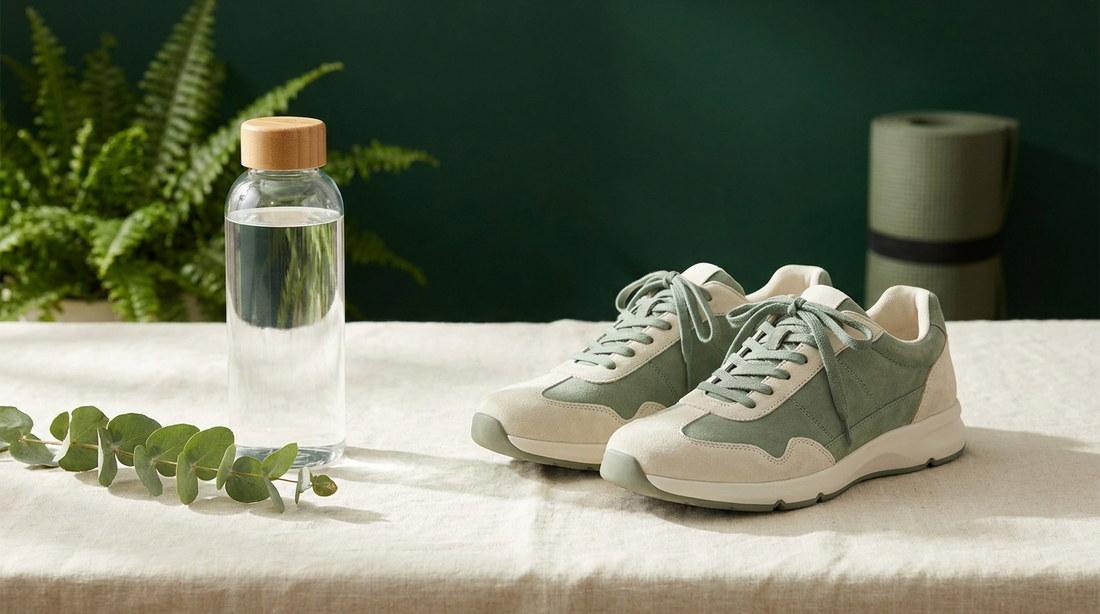 Clean walking shoes, a glass water bottle, and eucalyptus on cream linen in bright morning light.