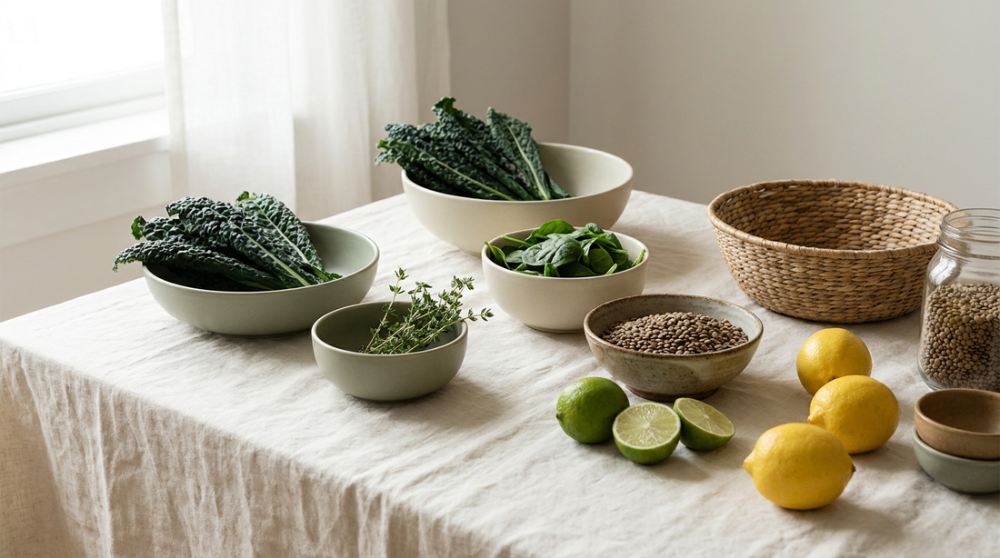 Fresh leafy greens, lentils and citrus on cream linen, a still-life of folate-rich foods.