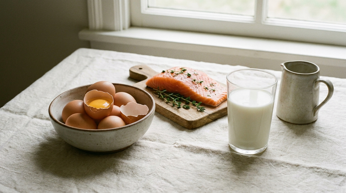 Eggs, a salmon fillet and a glass of milk on cream linen, vitamin B12 food sources.