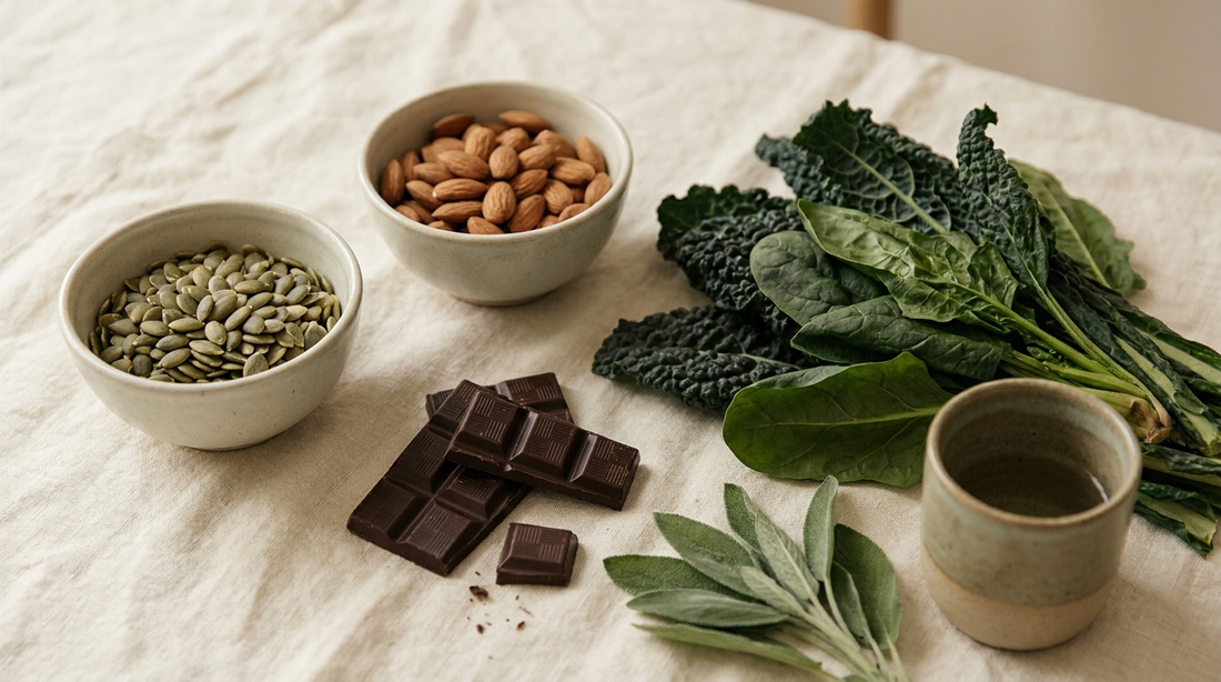 Pumpkin seeds, almonds, dark leafy greens and dark chocolate on cream linen, magnesium-rich foods.