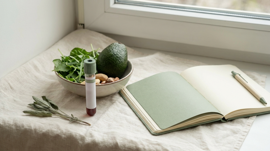A blood sample vial beside fresh whole foods and a notebook on cream linen.