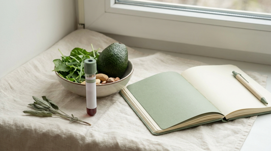 A blood sample vial beside fresh whole foods and a notebook on cream linen.
