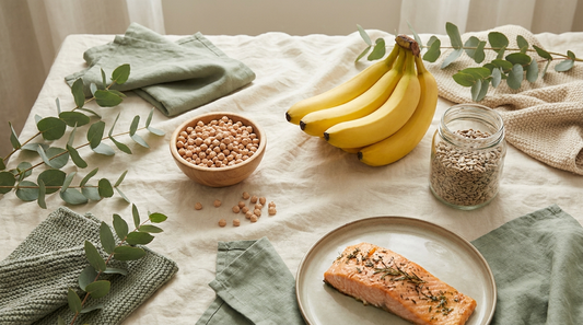 Bananas, chickpeas, sunflower seeds and salmon on cream linen, vitamin B6 food sources.